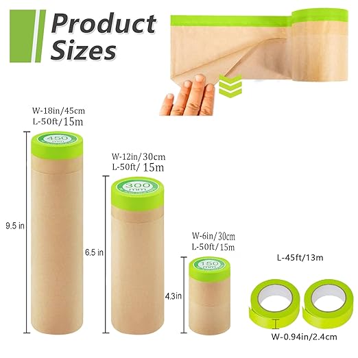 Masking Paper Pre-Taped Masking Paper for Painting Assorted Sizes Painting Paint Masking Tape and Drape Widely used in automotive body and house decoration spray paint (Each Roll 50 Feet ,3 Rolls)