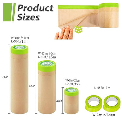 Masking Paper Pre-Taped Masking Paper for Painting Assorted Sizes Painting Paint Masking Tape and Drape Widely used in automotive body and house decoration spray paint (Each Roll 50 Feet ,3 Rolls)