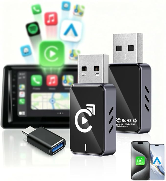 2026 Wireless CarPlay Adapter for iPhone, Bluetooth Car Play Wireless Adapter USB C for Apple & Android Auto - 5s Auto Connect Zero Latency‌, 2-in-1 Ultra Compact Carplay Adapter (Black)