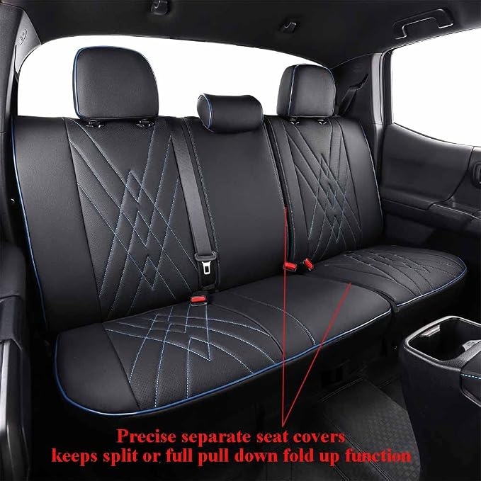 EKR Tacoma Leather Car Seat Covers Custom Fit for Toyota Tacoma 2012 2013 2014 2015 (Regular Seats) - Truck Seat Covers Full Set,Faux Leather(Black with Blue Trim)