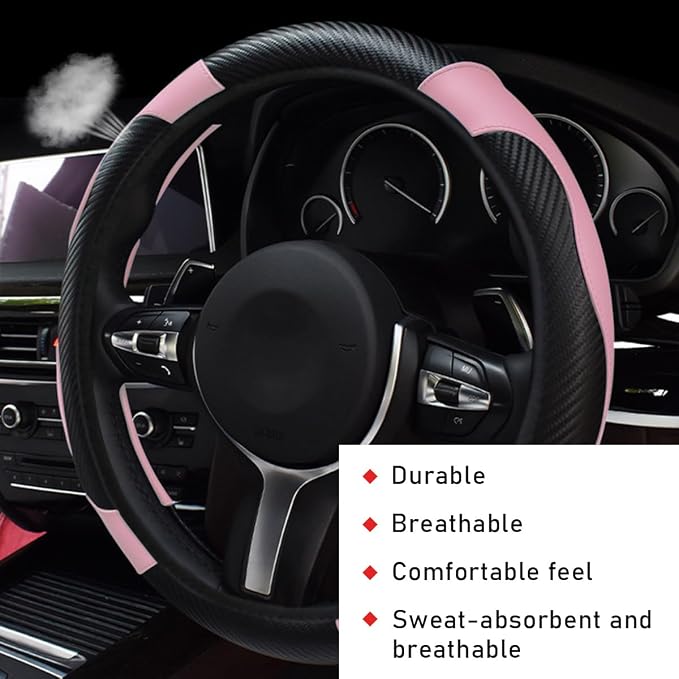 povtii Car Steering Wheel Cover, 15 Inch Leather Breathable Auto Steering Wheel Protector, Comfortable Non-Slip Vehicle Steering Wheel Covers, Universal Interior Car Accessories (Black+Pink)
