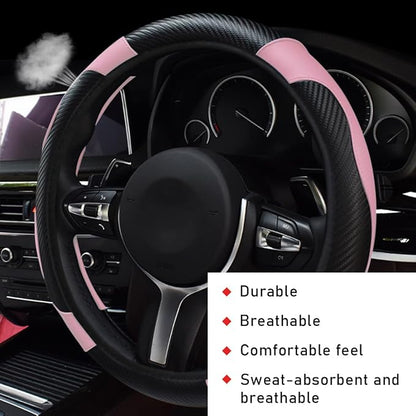 povtii Car Steering Wheel Cover, 15 Inch Leather Breathable Auto Steering Wheel Protector, Comfortable Non-Slip Vehicle Steering Wheel Covers, Universal Interior Car Accessories (Black+Pink)