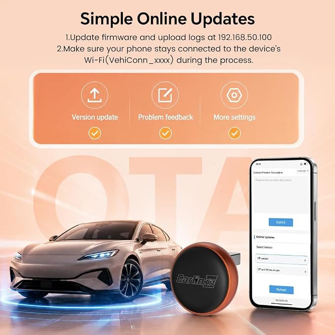 Carlinkit Mini Ultra 3 Wireless CarPlay Adapter, 2026 Upgrade Wireless Android Auto [Dual Band 5G/2.4G], Plug & Play for OEM Wired Cars, for iPhone iOS 10+ & Android 11+, Ultra Compact, Orange