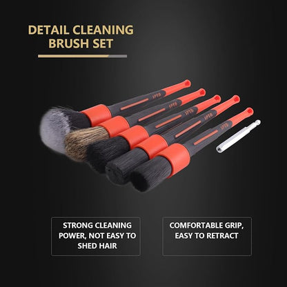 SPTA Car Detailing Brush Set, 5 Pack V2.0 Soft Boar Hair Auto Detail Brush Kit with Drill Adapter, for Automotive Interior Exterior Dashboard Engine Bay Seat Leather, Can be Used in Electric Drills