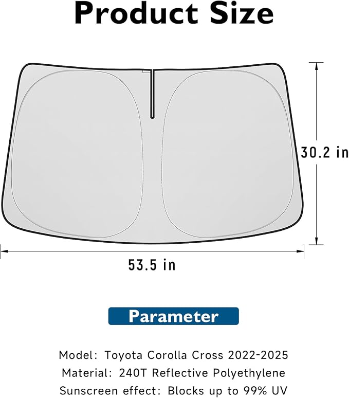 BIBLOZ Windshield Sun Shade for Toyota Corolla Cross 2022-2025 2026 Accessories Foldable Sunshade with Storage Pouch PET Material Keeps The Car Cool Inside(Not for Corolla)
