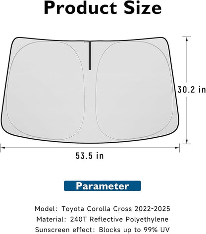 BIBLOZ Windshield Sun Shade for Toyota Corolla Cross 2022-2025 2026 Accessories Foldable Sunshade with Storage Pouch PET Material Keeps The Car Cool Inside(Not for Corolla)