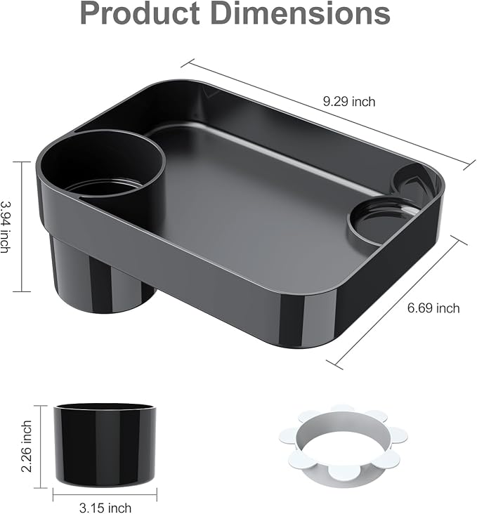 Car Seat Snack Tray for Toddlers - 3 Inch Cup Holder Fits Most Sippy Cups & Straw Bottles with Dip Well, Mess-Free Square Kids Travel Tray Road Trip Essentials, Black