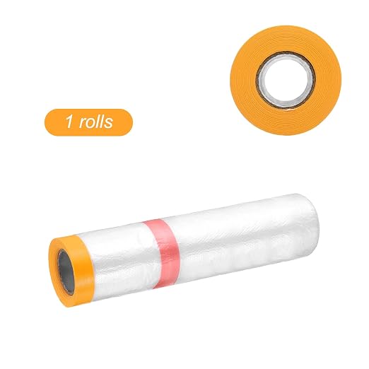 HARFINGTON Pre-Taped Masking Film 126" x32.8ft Double Adhesive Tape and Drape Painters Plastic Drop Cloth Film with Tape Plastic Sheeting for Automotive Painting Covering