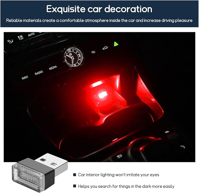 Dickno 4 PCS USB LED Car Interior Atmosphere Lamp, Portable Mini LED Night Light, Plug-in USB Interface Trunk Ambient Lighting Kit, Universal Vehicle Interior Accessories (Red)