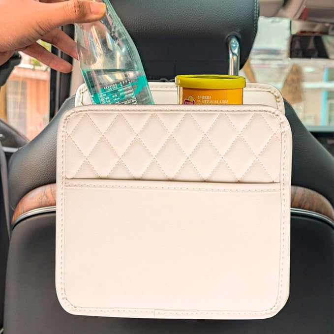 Mandark Car Seat Back Organizer, PU Leather Automotive Backseat Hanging Storage Pocket, Multipurpose Vehicle Travel Essentials Accessories for Kids & Adults, Universal for Most Cars (Beige)