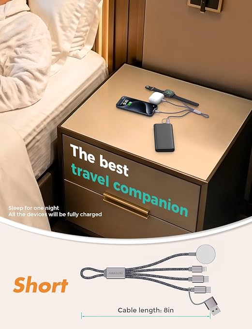 Travel Essentials,3 in 2 USB C Cable for Apple Watch Charger,iPhone Charger,Multi Charging Cable,Cruise Vacation Camping Essentials,Portable for iWatch Series 11-2/Ultra/SE & iPhone 17-12,Car,0.7FT