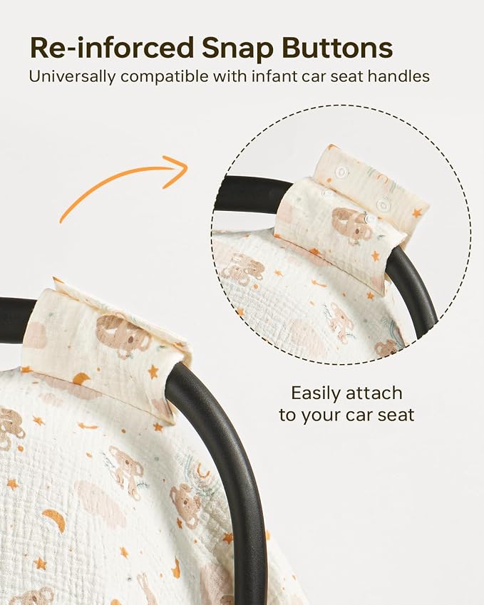 100% Muslin Cotton Car Seat Cover for Baby, Breathable Soft Car Canopy & Sunshade, Universal Infant Carseat Cover, Lightweight Summer Stroller Cover for Boys Girls - Koala