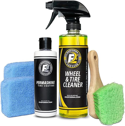 ExoForma - 4-Pack Bundle - Permashine Tire Coating & Dressing, Wheel & Tire Cleaner, Wheel & Tire Brush, Premium Microfiber Applicator - Remove Dust, Dirt, & Grime and Experience Lasting Shine