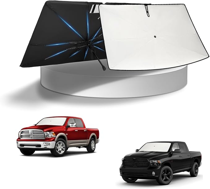 KUST Sun Shade Umbrella for 2009-2018 Dodge Ram 1500 2500 3500 | Custom Fit Windshield Sunshade | Foldable Sunshade with Bendable Handle | Blocks Heat & UV Scratch Resistant