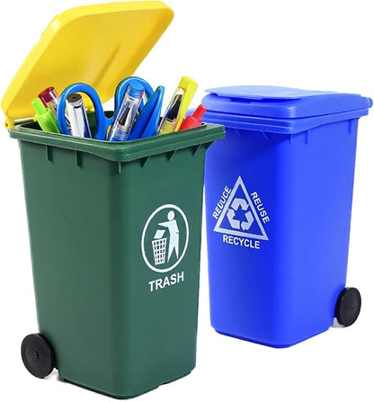 Wiosi Mini Garbage Trash Pen Holder for Desk | Tiny Recycle Bin Pencil Holder Green & Blue, Pack of 2 | Storage for Pencil & Pen | Office Stationery to Organize the Desk | Ideal for Student Work