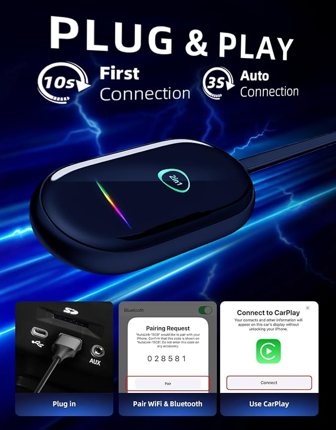 Wireless CarPlay & Android Auto Adapter – Fast & Stable Wireless Upgrade, Converts Wired CarPlay to Wireless, Plug & Play, No Delay, Compatible with iPhone 6+ & 800+ Cars (2016 & Newer)