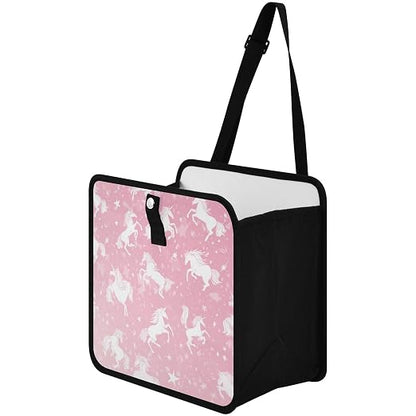 Car Trash Can Organizer Bin with Adjustable Strap for Back Front Seat Console Waterproof Leakproof Collapsible Portable 8.66 Inch Pink Unicorns Silhouette and Stars