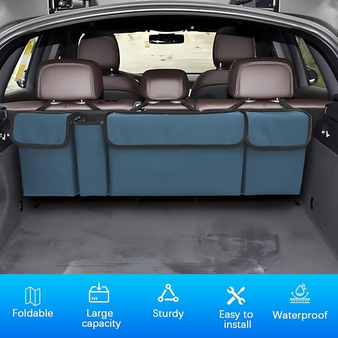 Car Trunk Organizer with Lid, Large Waterproof Vehicle Backseat Hanging Storage Bag with 4 Pockets & Adjustable Straps, Collapsible Automotive Interior Cargo Bag, Universal Fit (Blue)