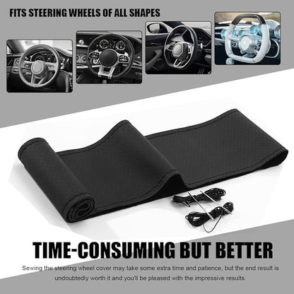 Wevdn Genuine Leather Steering Wheel Cover, Stitch on Wrap, DIY Sewing Steering Wheel Protector, 15 Inch Breathable Non-Slip Steering Wheel Protector, Car Accessories (Black, Full Hole)