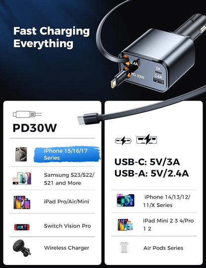 SUPERONE Smaller Retractable Car Charger with Dual Type C Cords, 69W Fast Retractable USB C Car Charger, 4 in 1 Car Accessories Car Chargers for iPhone 17 16 15 14 13 12 Galaxy Pixel