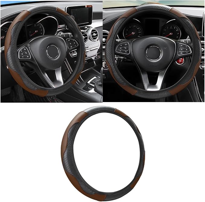 Osilly Car Steering Wheel Cover, 15 inch Carbon Fiber Microfiber PU Leather Elastic Steering Wheel Protector for Men Women, Anti-Slip Breathable Car Interior Accessories for Most Cars (Black/Coffee)