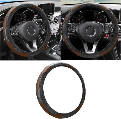 Osilly Car Steering Wheel Cover, 15 inch Carbon Fiber Microfiber PU Leather Elastic Steering Wheel Protector for Men Women, Anti-Slip Breathable Car Interior Accessories for Most Cars (Black/Coffee)