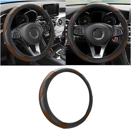 Osilly Car Steering Wheel Cover, 15 inch Carbon Fiber Microfiber PU Leather Elastic Steering Wheel Protector for Men Women, Anti-Slip Breathable Car Interior Accessories for Most Cars (Black/Coffee)