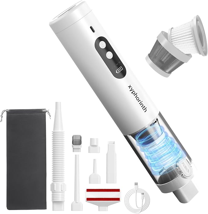 Handheld Car Vacuum Portable Cordless, 16000Pa 5 in 1 Multifunctional Mini Vacuum Cleaner and Air Duster, Rechargeable LED Flashlight with Window Hammer for Car, Pet, Kitchen, House