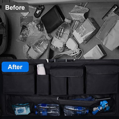 Mandark Car Trunk Organizer, Super Capacity Vehicle Hanging Backseat Cargo Storage Bag with Robust Elastic Net, Detachable Auto Seat Back Organizing Bag, Universal for SUV, Truck, RV（Black/Black）