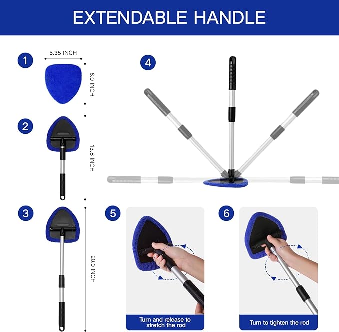 Qydipclin 7pcs Windshield Cleaner Tool Car Window Cleaning Wash Kit with 4 Reusable Microfiber Pads 1 Spray Bottle and Extendable Handle Auto Glass Wiper Kit, Blue&Green