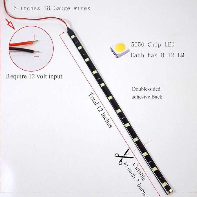 DC 12V Waterproof 1Ft 12 LED Strip Underbody Light with 6 inches Wires for Motor (White,Pack of 6)