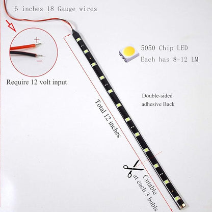 DC 12V Waterproof 1Ft 12 LED Strip Underbody Light with 6 inches Wires for Motor (White,Pack of 6)
