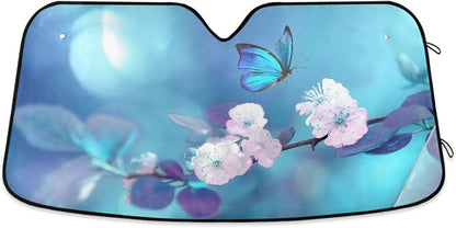 Butterfly Flowers Car Windshield Sun Shade Yellow Pink Floral Blue Foldable UV Ray Sun Visor Protector Sunshade to Keep Your Vehicle Cool (55" x 27.6")