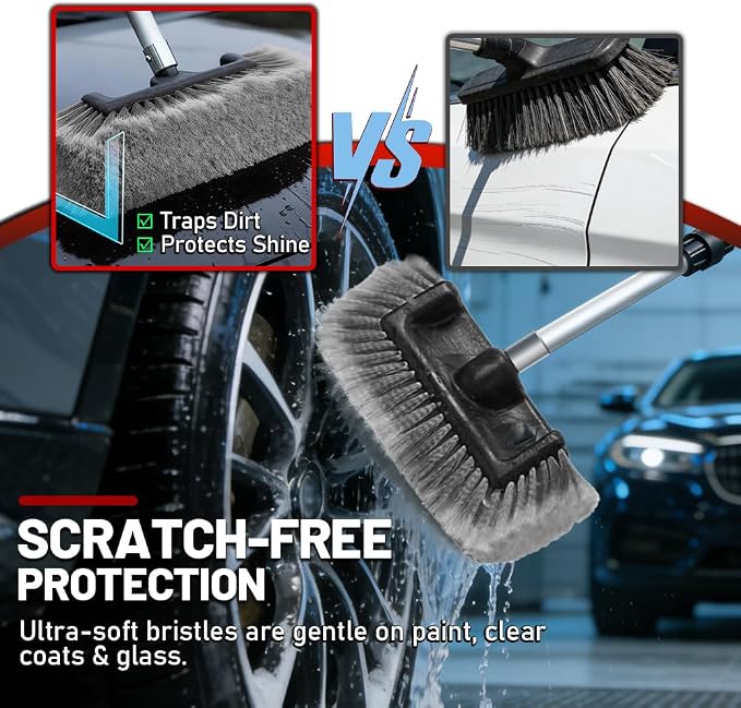 65" Flow-Thru Car Wash Brush with Pole, Grey, 4-Head Kit | Grey soft bristle brush with 3 extra detail brushes (tire scrubber & 2 stiff). 4-head heavy duty truck wash kit with bag.