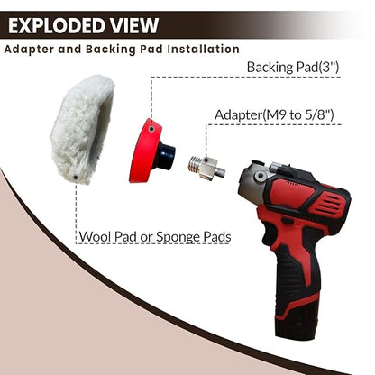 Buffing Polishing Kit for Milwaukee M12 Polisher/Sander,Includes M9 to 5/8-11 Adapter, 3" Backing Pad, Sponge and Wool Buffing Pads（9 Pcs）