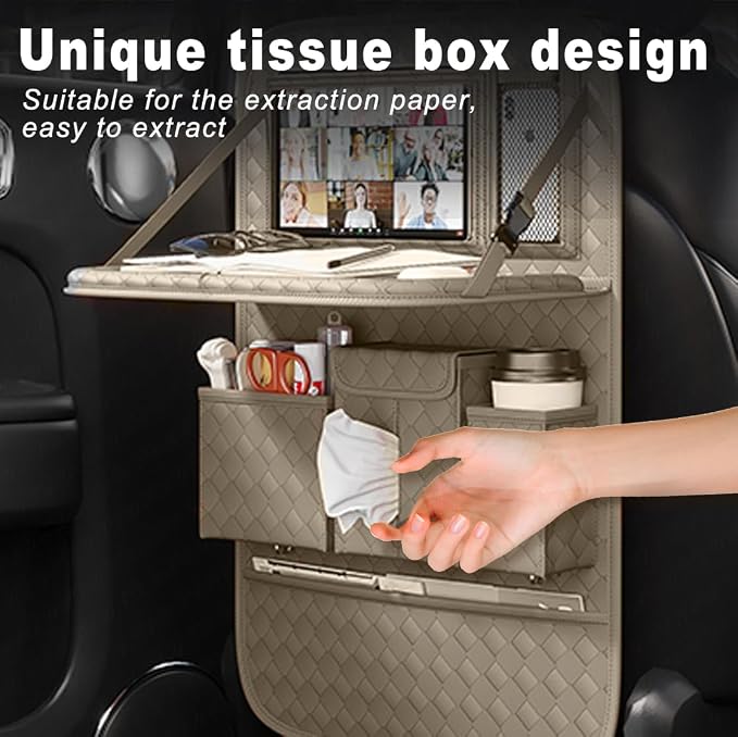 XDV Car Seat Organizers,Multi-functional Back Seat Protectors, Storage Pouches, and Tray Holders (for Cars, Kids, Seat Back and Rear Seats) (Woven Beige, 2 Pcs)