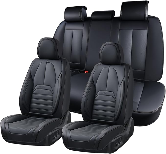 Coverado Car Seat Covers Full Set, Black Seat Covers for Cars, Automotive Seat Covers, Waterproof Nappa Leather Front Seats and Back Car Seat Protector, Universal Fit for Most Cars SUV Trucks