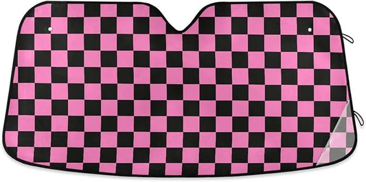 Checkerboard Pink Black Squares Windshield Sun Shade for Car Auto SUV Truck Foldable Front Window Sunshade Sun Visor Protector Block UV Rays Reflect Heat, 55" x 28"