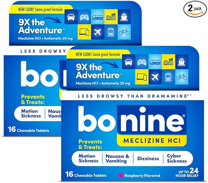 Bonine Non-Drowsy Motion Sickness Relief - 32 Chewable Tablets with Meclizine HCL 25mg - Non Drowsy Medicine for Nausea or Motion Sickness - Cruise Essentials - Raspberry Flavor