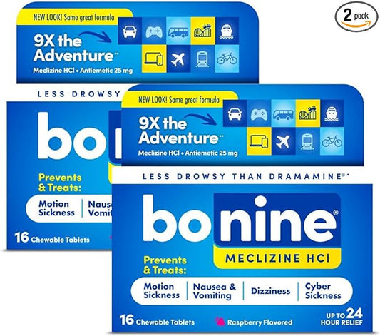 Bonine Non-Drowsy Motion Sickness Relief - 32 Chewable Tablets with Meclizine HCL 25mg - Non Drowsy Medicine for Nausea or Motion Sickness - Cruise Essentials - Raspberry Flavor