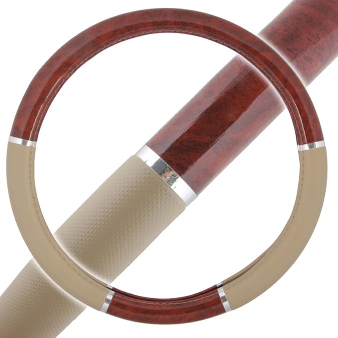 BDK Dark Wood Grain Car Steering Wheel Cover, Standard 15 inch with Beige Faux Leather Grip, Made to Fit Most Auto Truck Van SUV