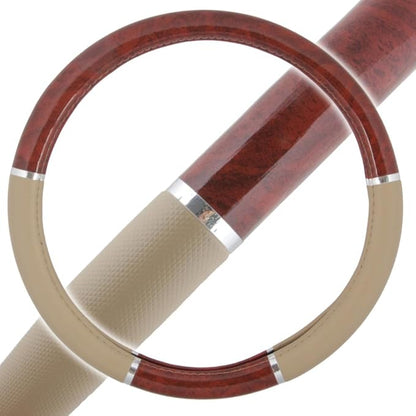 BDK Dark Wood Grain Car Steering Wheel Cover, Standard 15 inch with Beige Faux Leather Grip, Made to Fit Most Auto Truck Van SUV