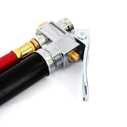 Tire Inflator with Tire Pressure Gauge, Dual-Head Air Chuck with 12 Inch Rubber Air Hose