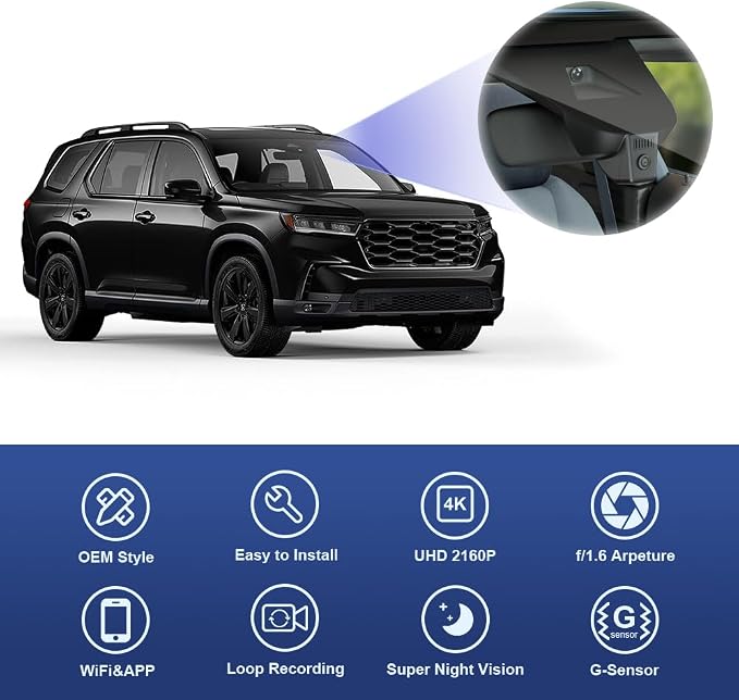 Fitcamx 4K Dash Cam Suitable for Honda Pilot 2023 2024 2025 EX-L Touring Elite Sport Trailsport LX Black Edition, OEM Look, UHD 2160P Video, WiFi & APP, Loop Recording, G-Sensor, Plug&Play, 64GB Card