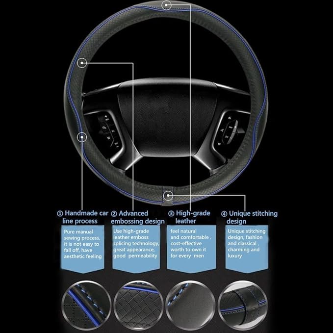 ESEWALAS Universal Car Steering Wheel Cover,Anti-Slip Leather Steering Wheel Cover,Sports Style Steering Wheel Protector,Car Interior Accessories Auto Steering Wheel Covers (Black with Blue)