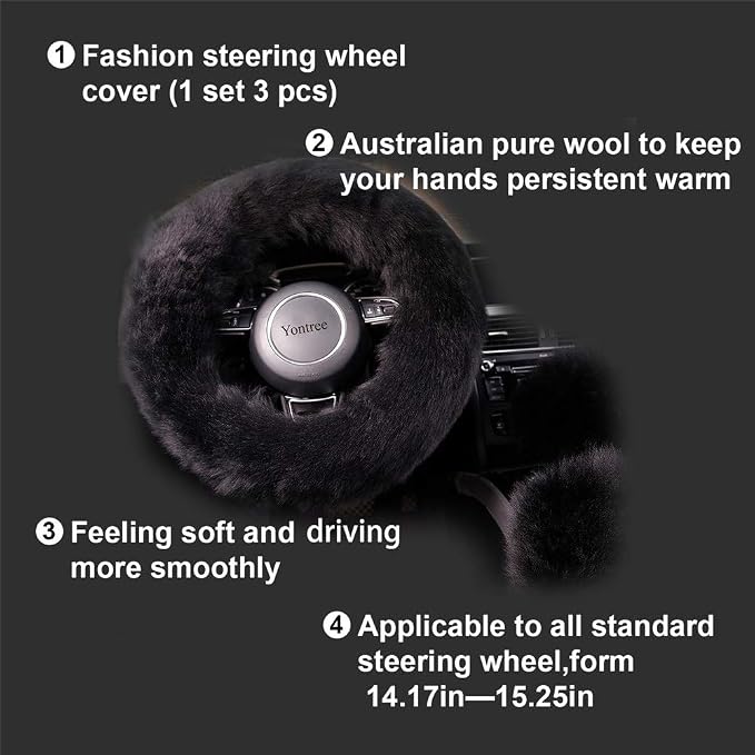Yontree Fashion Fluffy Steering Wheel Covers for Women/Girls/Ladies/Men Australia Pure Wool Universal 15 Inch 1 Set 3 Pcs (Black)
