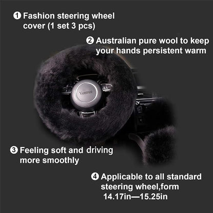 Yontree Fashion Fluffy Steering Wheel Covers for Women/Girls/Ladies/Men Australia Pure Wool Universal 15 Inch 1 Set 3 Pcs (Black)