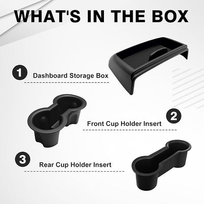 Muslogy Dashboard Storage Box & Cup Holder Inserts Compatible with 2021-2024 GMC Yukon Chevy Tahoe Suburban Accessories Front & Rear Drink Holder 2PCS & Center Console Organizer Behind Screen
