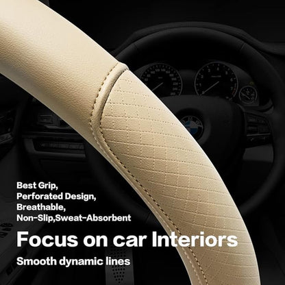 Microfiber Leather Steering Wheel Cover with Classic Embossing, Anti-Slip Breathable Auto Car Wheel Protector, Fit 15 Inch (Beige)
