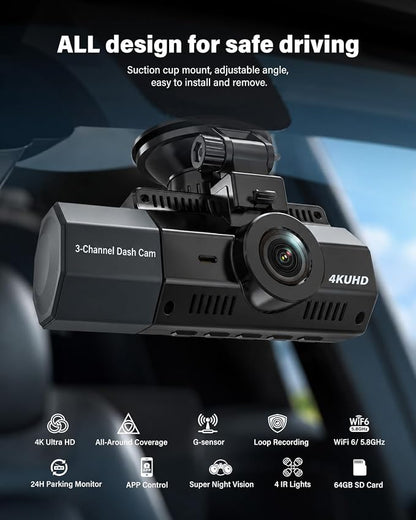 4K+2.5K+2.5K Dash Cam, STARVIS 2 Dash Camera 3-Channel, Free 64GB Card, Dashcam with 5G WiFi GPS, G-Sensor,Loop Recording, HDR, 24H Parking Monitor, Car Dash Cam for Rideshare & Taxi